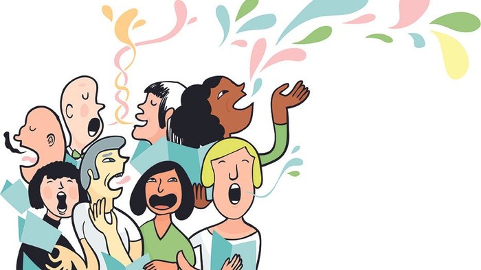 En gruppe af mennesker synger med glæde og fester med farverige konfetti.