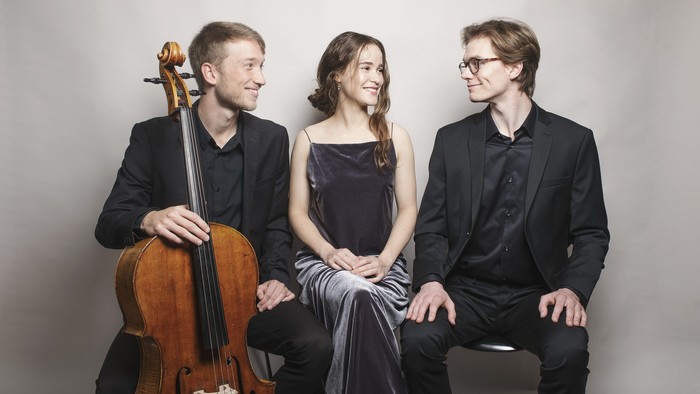 En trio med to mænd og en kvinde, der spiller cello og violin.