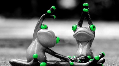 Zwei Frösche in Yoga-Posen, grüne Punkte auf Haut und Augen.