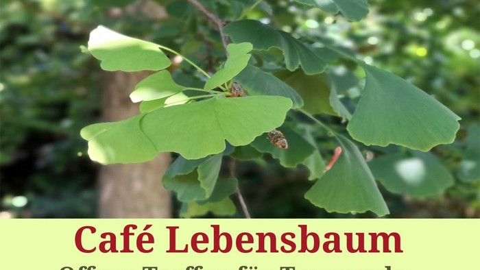 Grüne Blätter im Vordergrund, Text: "Café Lebensbaum Offene Treffen für Trauernde"