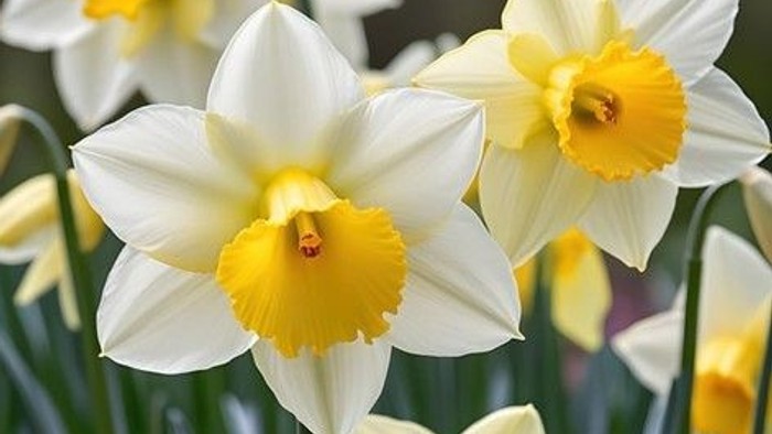 En blomsterbevægning med hvide og gule narciser.