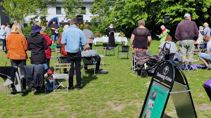 En gruppe af mennesker sidder på stolene på en grønne eng, nogle af dem har hunde.