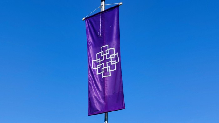 Ein hoch montierter lila Fahne mit weißem Kreuz vor grünen Bäumen und blauem Himmel