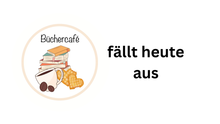 Büchercafé Logo mit Bücher und Kaffeetasse, daneben Text 