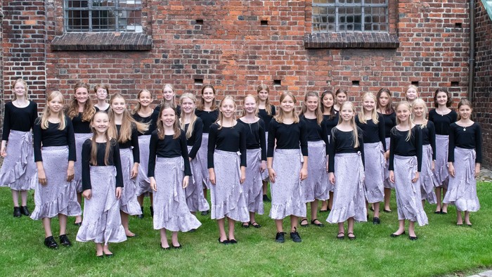 En gruppe kvinder i mørke tops og lilla skørter står i en række foran et rødt murværk