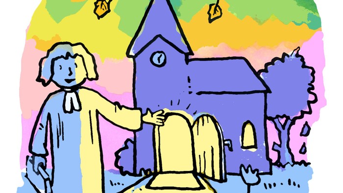 Ein Mädchen in gelbem Kleid steht vor einer Kirche und hält einen gelben Regenschirm