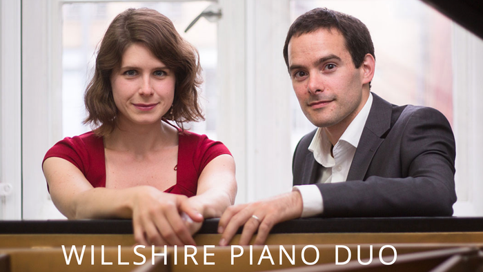 A man and woman pose together, labeled "Willshire Piano Duo".