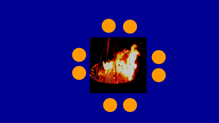 Das Bild zeigt ein Feuer in einem Kamin, umgeben von gelben Punkten auf blauem Hintergrund