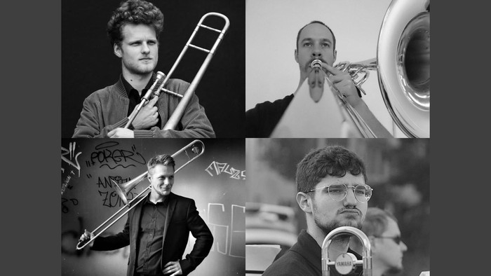 Vier Männer spielen Posaune und Trompete in verschiedenen Umgebungen