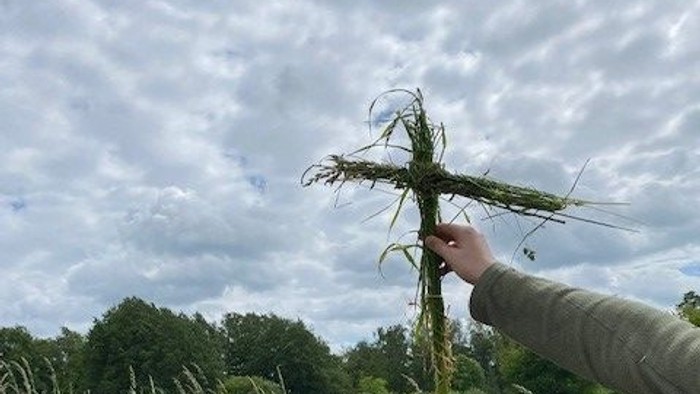En person holder en skærsom i et grønt felt under en skyeret himmel