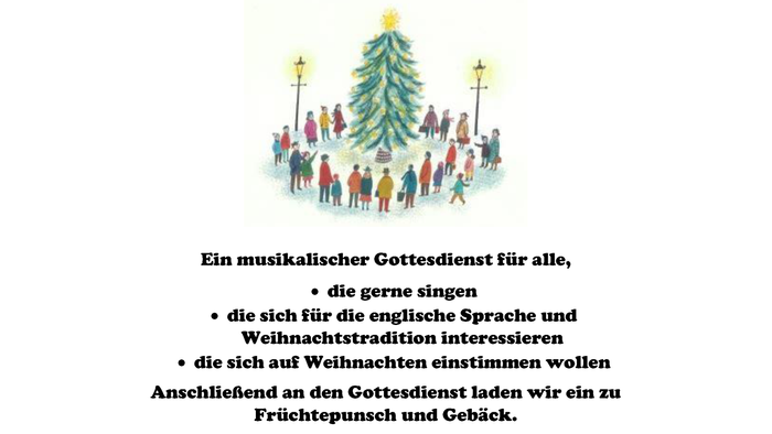 Flyer für eine Weihnachtslied-Veranstaltung am 13. Dezember 2025 mit Musik, Texten und Lesungen auf Englisch und Deutsch.