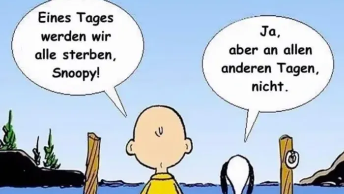 Charlie Brown und Snoopy sitzen am See, während Charlie Brown sagt: "Eines Tages werden wir alle sterben, Snoopy!" Snoopy antwortet: "Ja, aber an anderen Tagen nicht."