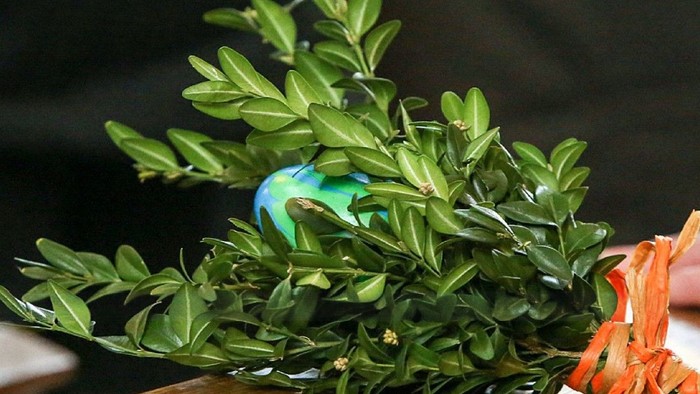 Ein grüner Strauß mit einem blauen Ei darin