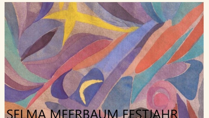 Bunter, abstrakter Hintergrund mit Text "Selma Meerbaum Festjahr"