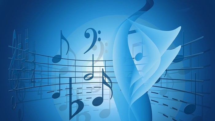 Das Bild zeigt eine abstrakte Darstellung von Noten und Musiknoten auf einem blauen Hintergrund.