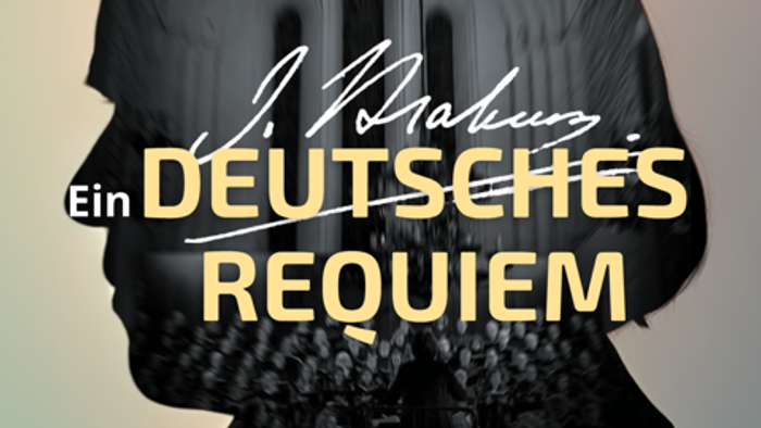 Poster für ein Konzert am 13. April 2025 um 18:00 Uhr in Dom zu Lübeck, mit dem Titel "Ein Deutsches Requiem" von Johannes Brahms.