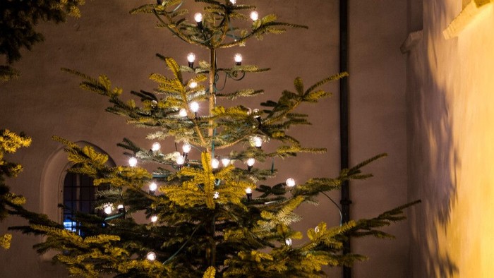 En lyssvømmende jul ejendommelig placeret mellem to murværker