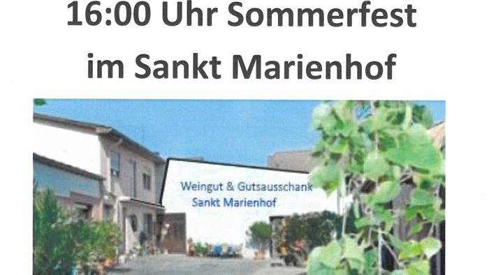 Außenaufnahme  vom Weingut & Gutsausschank Sankt Marienhof mit Einladungstext zum Sommerfest in schwarzer Schrift.