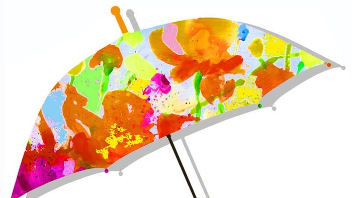 Bunter Regenschirm mit Tiermustern und Holzgriff