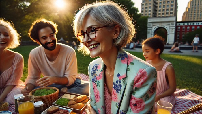 Freundliche Gruppe genießt Picknick im Park bei Sonnenuntergang