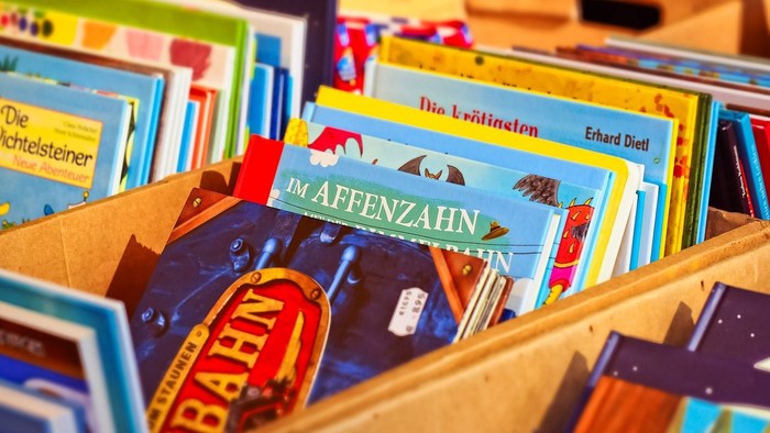 Viele bunte Kinderbücher in Holzregalen