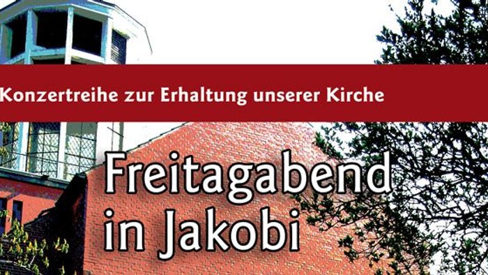 Das Bild zeigt eine Kirche mit einem Turm und Bäumen, mit Text in Deutsch