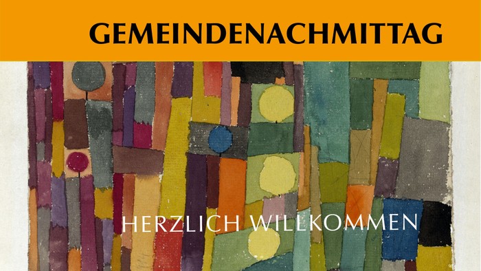 Das Bild zeigt ein abstraktes Kunstwerk mit verschiedenen Farben und Formen, darüber und darunter steht deutscher Text.