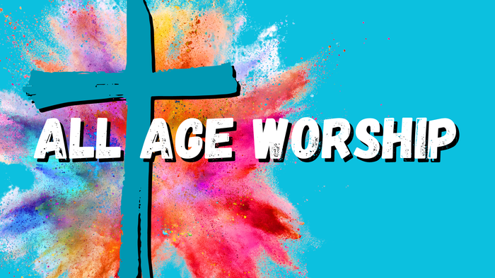 Colorful cross with text "All Age Worship"