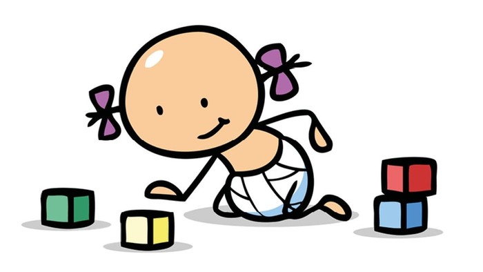 Ein Baby spielt mit bunten Würfeln.