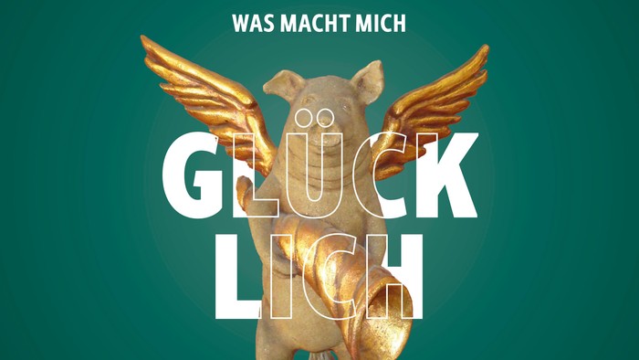 Ein Schwein mit goldenen Flügeln vor grünem Hintergrund, darüber "Was macht mich glücklich"
