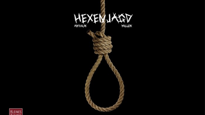 Plakat zum Theaterstück "Hexenjagd" von Arthur Miller: In der Bildmitte hängt, vor schwarzem Hintergrund, der Strick eines Galgens herab.