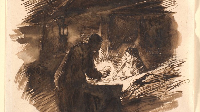 En skitse af en indendørs scene med flere personer.