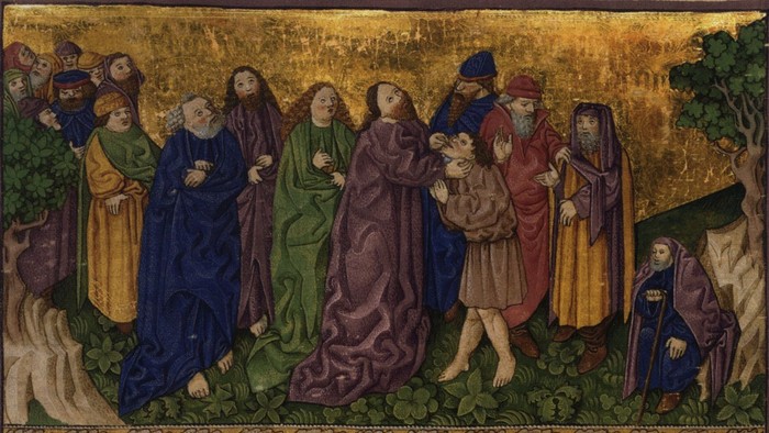 Billedet viser en religiøs scene med flere figurer i traditionelle klæder.
