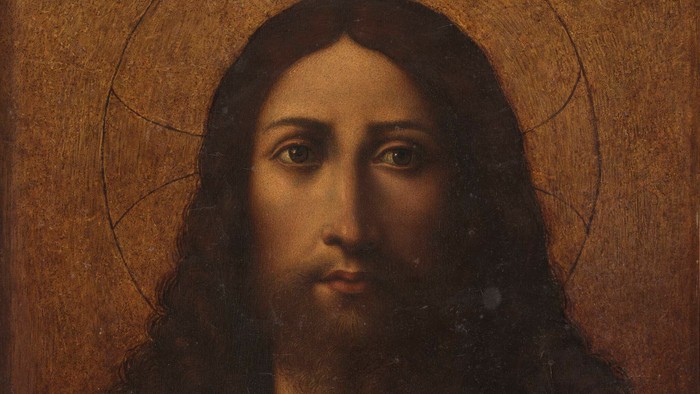 Portræt af Jesus med halo og rød skjorte.