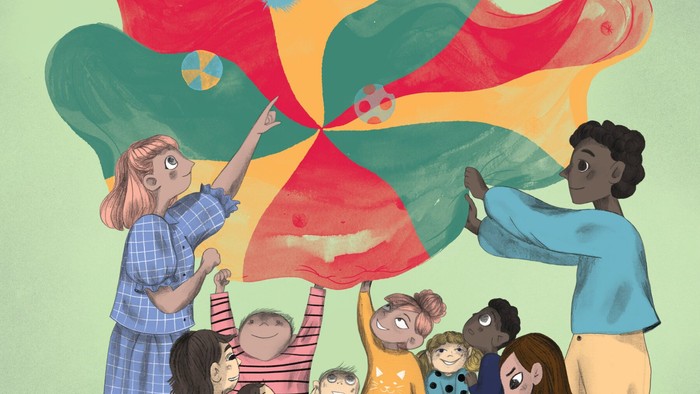 Tegning af forældre og børn med farvet faldskærm