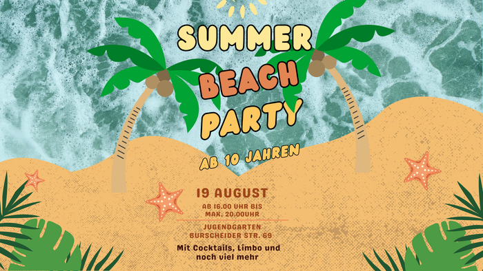 Strandparty Einladung mit Palmen, Wellen und Cocktails am 19. August