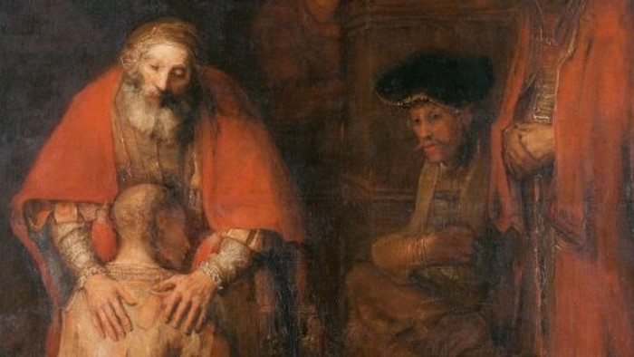 Three men in historical attire, one holding a baby.