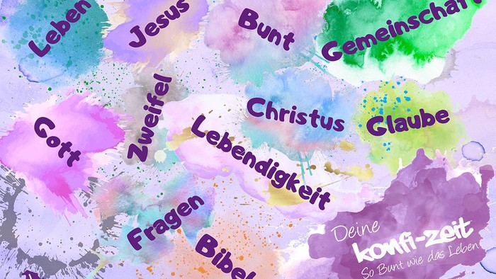 Bunter Farbklecks mit deutschen Worten wie Leben, Jesus, Gott, und Glauben