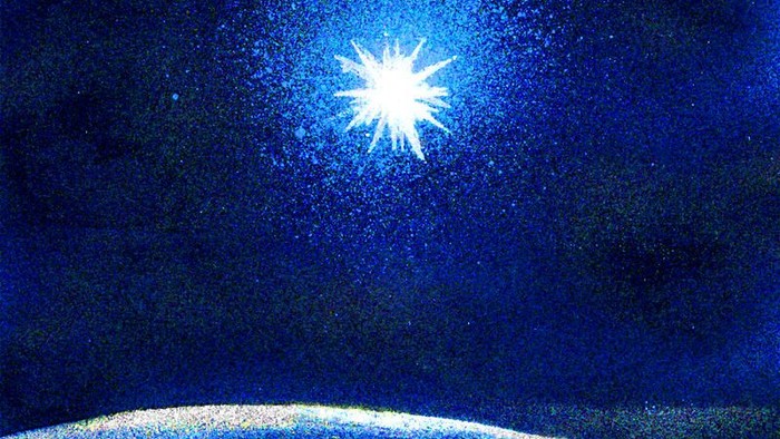 Ein hell leuchtender Stern am Nachthimmel über einer dunklen Landschaft