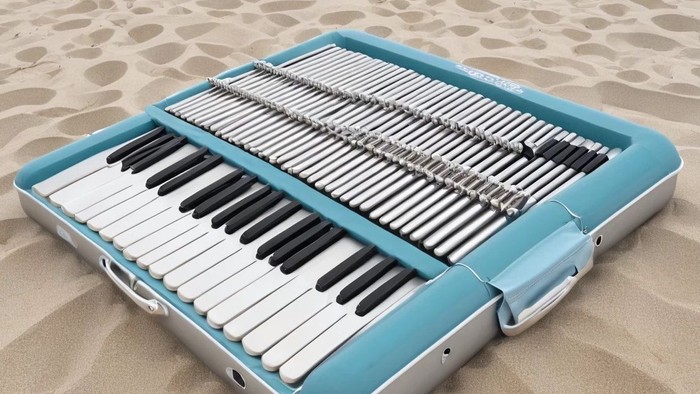 Ein blaues Keyboard liegt im Sand.