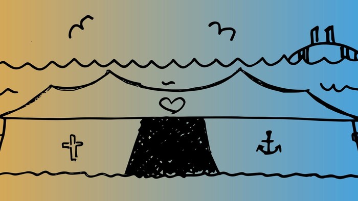 En tegnede hytte delt i to, med et kors på den ene side og en ankør på den anden, under en blå og orange himmel med fugle og bølger.