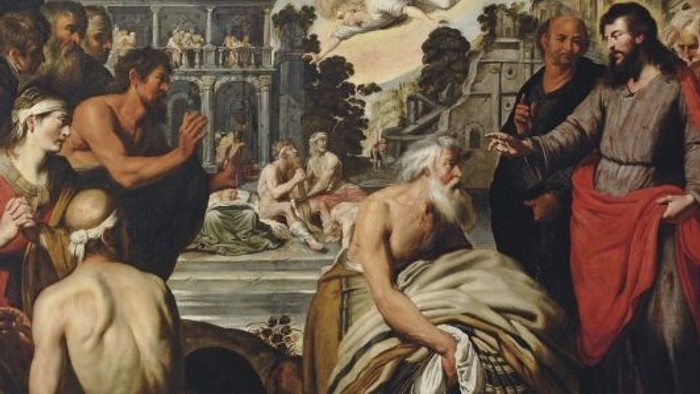 Billedet forestiller en religiøs scene med Jesus og en samling af mennesker, der er optaget af en dramatisk handling.