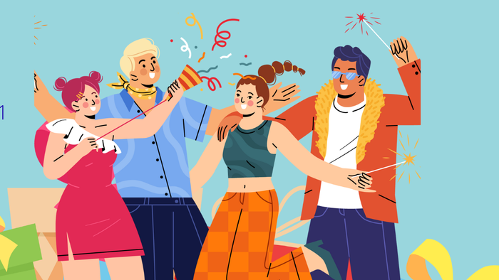 Plakat mit gemalten tanzendem Menschen und Girlanden