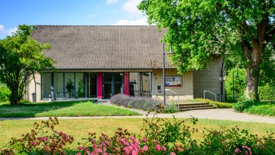 Ein modernes Haus mit großem Glasfenster und umgeben von üppigem Grün und blühenden Büschen.