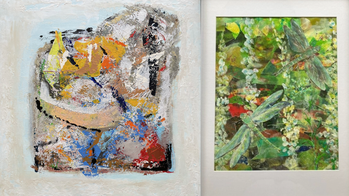 To billeder af abstrakt kunst med forskellige farver og teksturer