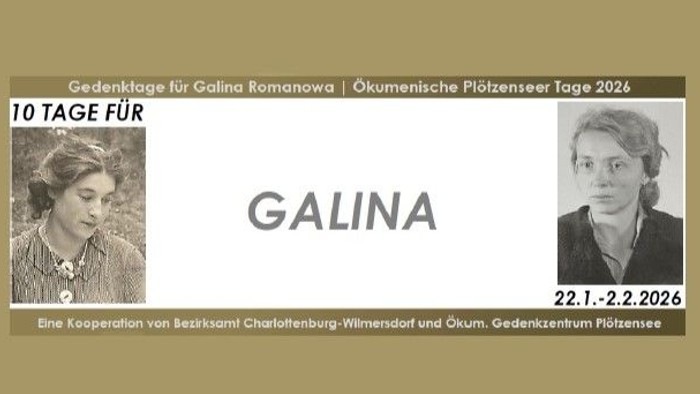 Gedenkveranstaltungsposter für Galina Romanowa im Rahmen der Ökumenischen Plötzenseer Tage 2026, vom 22. Januar bis 2. Februar 2026.