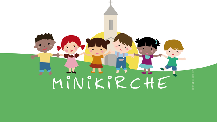 Kinder stehen auf einem Hügel mit einer Kirche im Hintergrund, der Text lautet *„MINIKIRCHE“*.