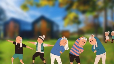 Kinder spielen im Garten mit Stöcken