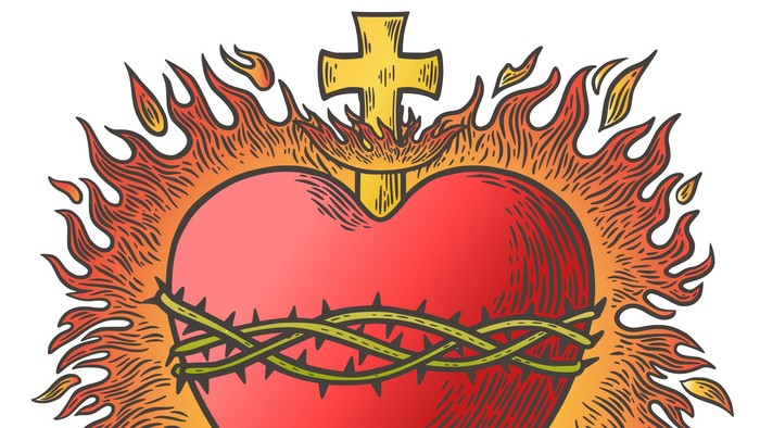Ein flammendes Herz mit Dornen und Kreuz, symbolisch und lebhaft dargestellt
