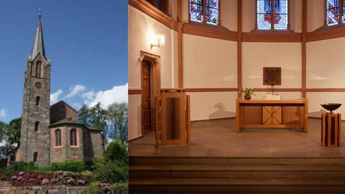 Links eine Kirche, Mitte ein Innenraum mit Holz, rechts ein Logo mit Text und Kirche